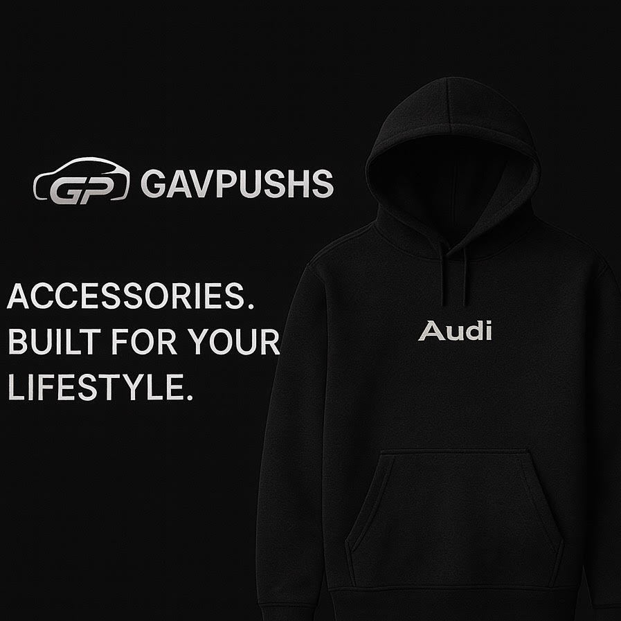 Black hoodie with 'Audi' branding on a black background featuring 'GAVPUSHS' text.